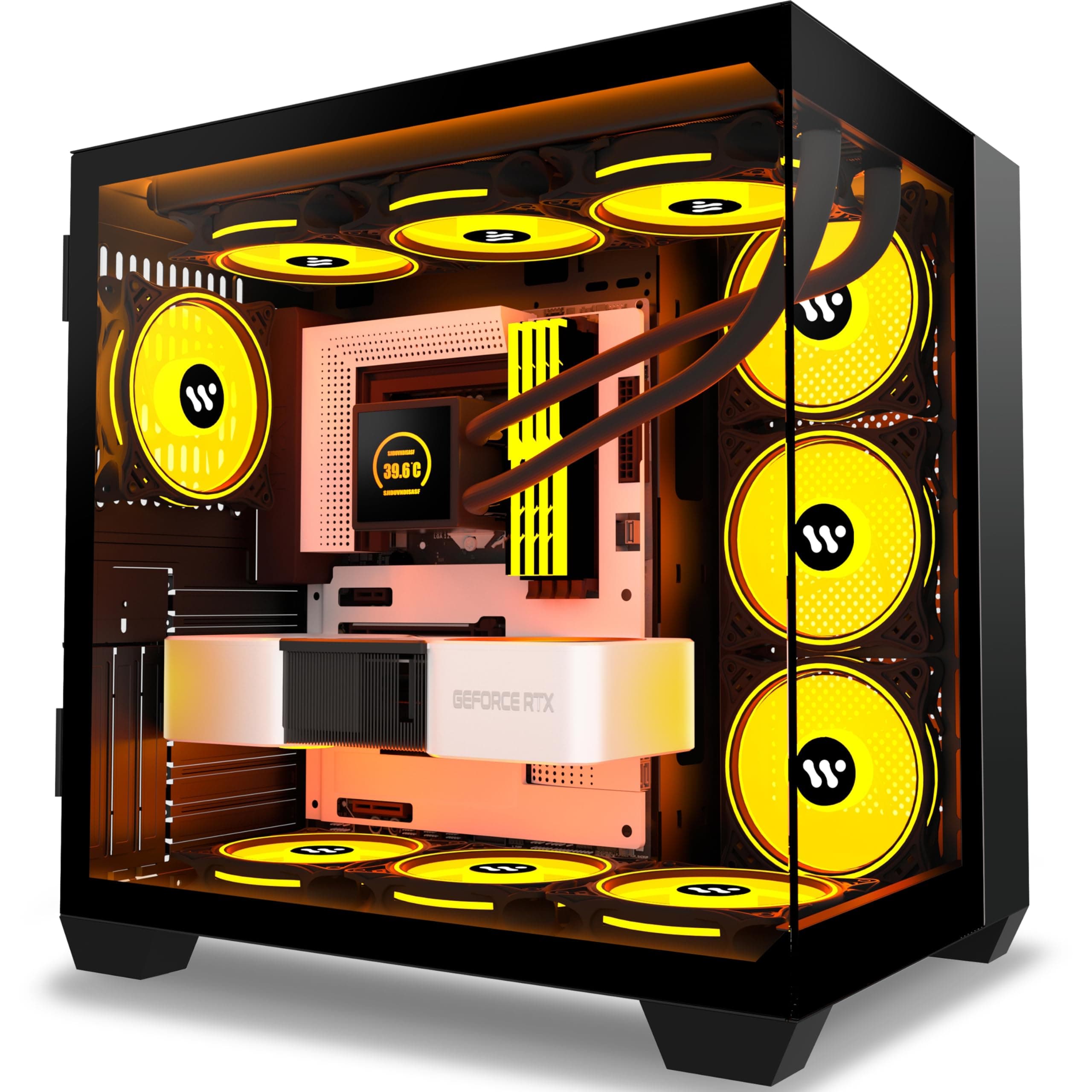 Gaming PC with yellow-lit cooling fans and a glass case